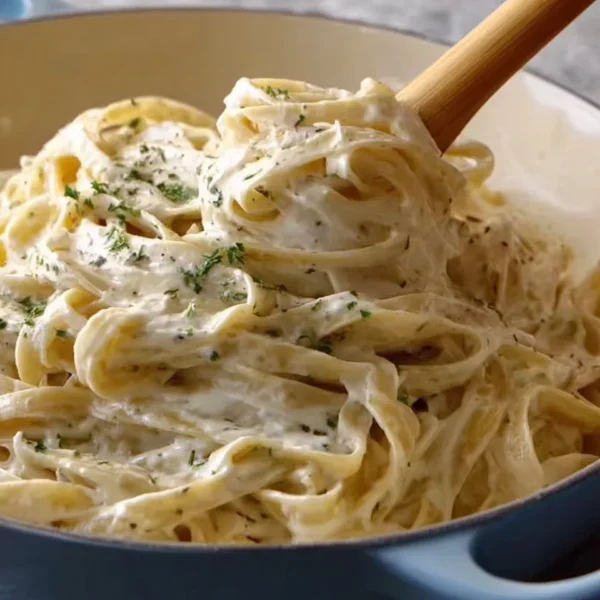 Creamy Fettuccine Alfredo pasta served with parsley garnish