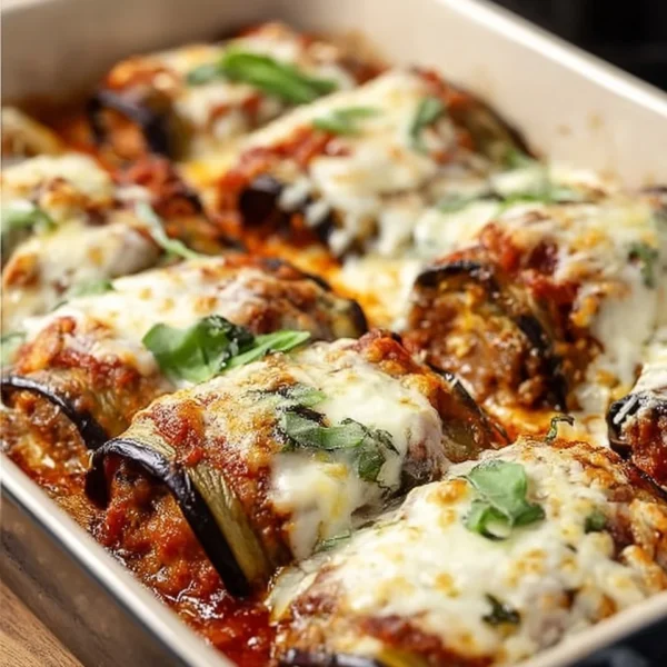 Fluffy Eggplant Rollatini Bake with cheese and fresh herbs