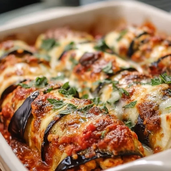 Delicious fluffy eggplant rollatini bake topped with cheese in a baking dish