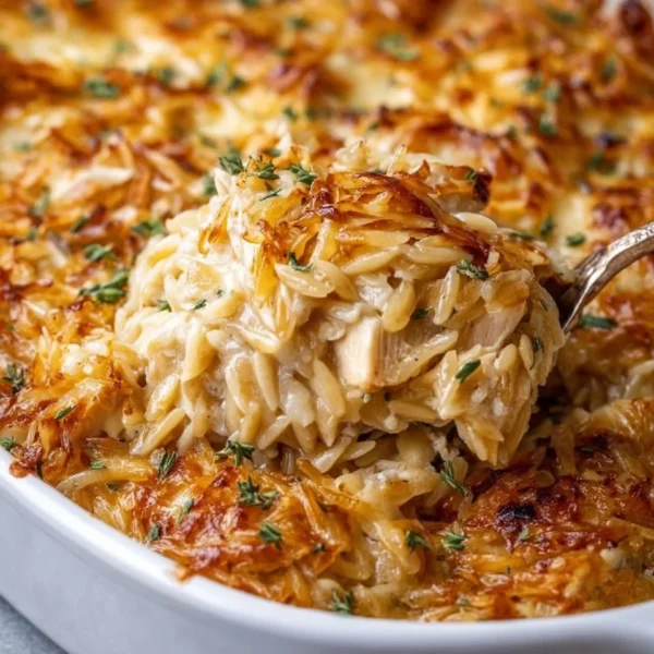 French Onion Chicken Orzo Casserole topped with melted cheese and herbs