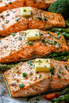 Garlic butter baked salmon fillet garnished with herbs and lemon slices.