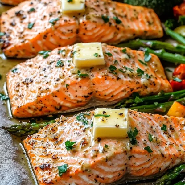 Garlic butter baked salmon fillet garnished with herbs and lemon slices.