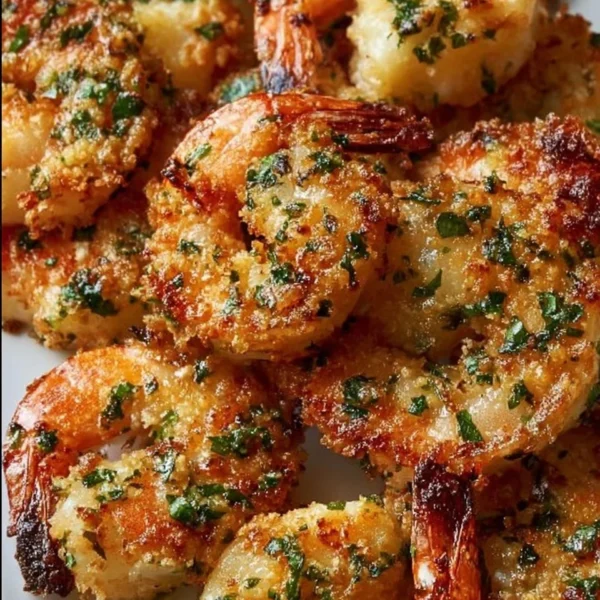 Crispy Garlic Parmesan Roasted Shrimp served with fresh herbs on a plate