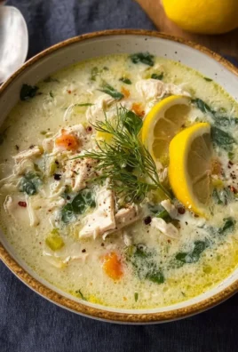 Bowl of Greek Lemon Chicken Soup with lemon and chicken garnished with herbs