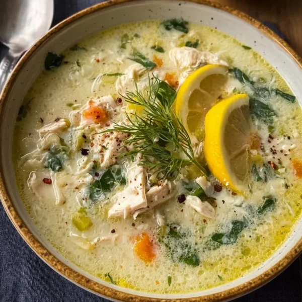 Bowl of Greek Lemon Chicken Soup with lemon and chicken garnished with herbs