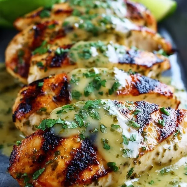 Grilled Salsa Verde Chicken topped with Pepper Jack cheese on a plate