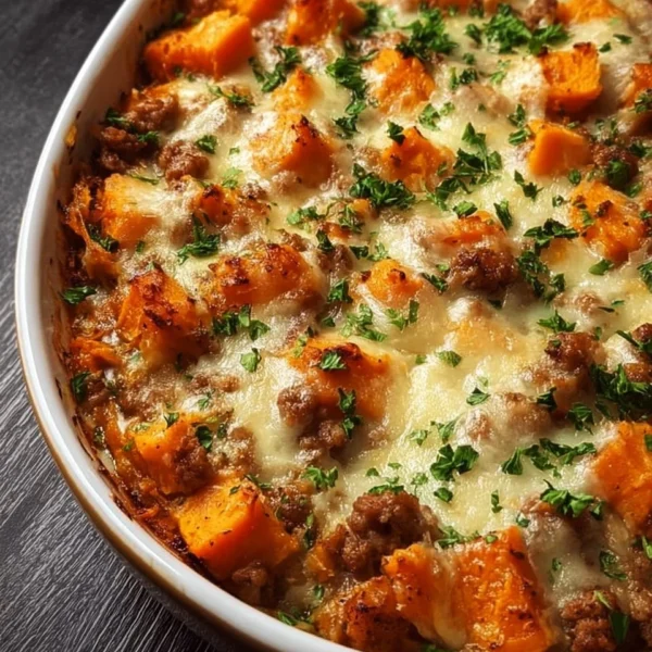 Ground Turkey Sweet Potato Bake dish served in a casserole dish.