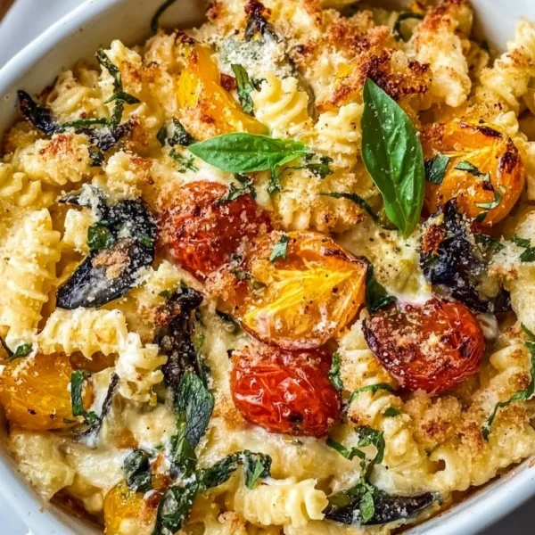 Healthy baked feta pasta dish with colorful vegetables and herbs