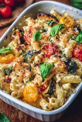 Healthy baked feta pasta dish topped with vibrant vegetables