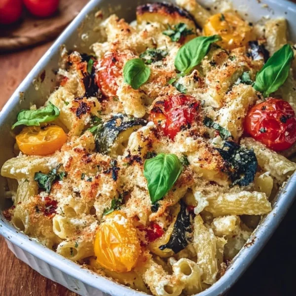 Healthy baked feta pasta dish topped with vibrant vegetables