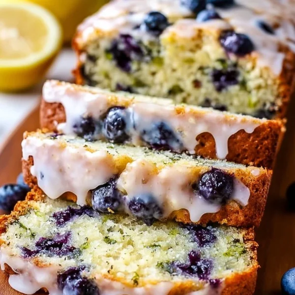 Slice of homemade blueberry zucchini bread drizzled with lemon glaze