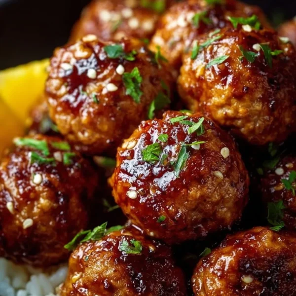 Honey Garlic Turkey Meatballs served with a savory sauce and garnish.