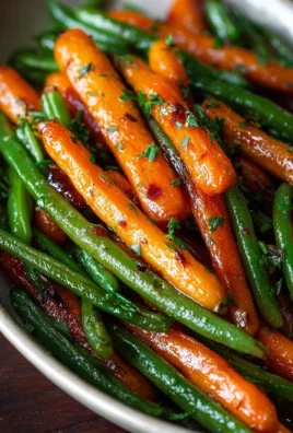Delicious plate of honey glazed carrots and green beans as a savory side dish.