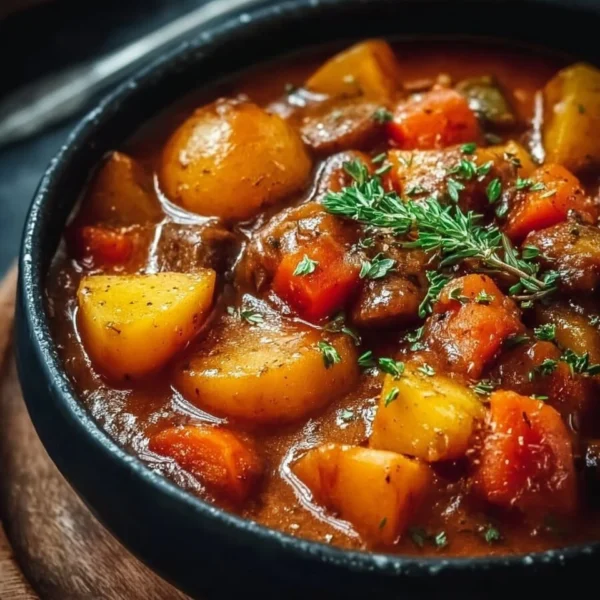Bowl of Irish vegetarian stew with fresh vegetables and herbs.
