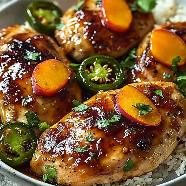 Jalapeño Peach Glazed Chicken served on a plate with garnish