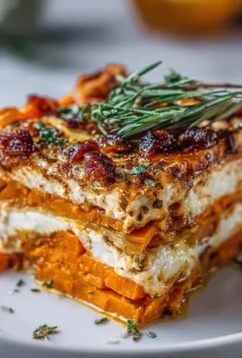 Layered sweet potato lasagna with butternut squash and carrots in a baking dish