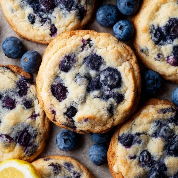 Lemon Blueberry Cookies on a plate garnished with blueberries and lemon zest