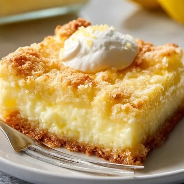 Sliced Lemon Cream Cheese Dump Cake on a plate with a lemon slice decoration.