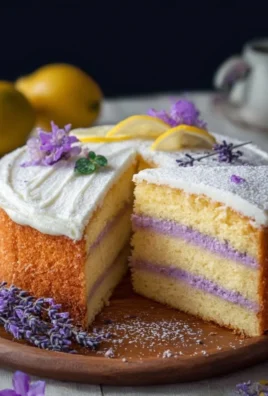Slice of Lemon Lavender Cake with lemon zest and lavender garnish on a white plate