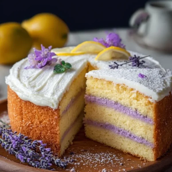 Slice of Lemon Lavender Cake with lemon zest and lavender garnish on a white plate