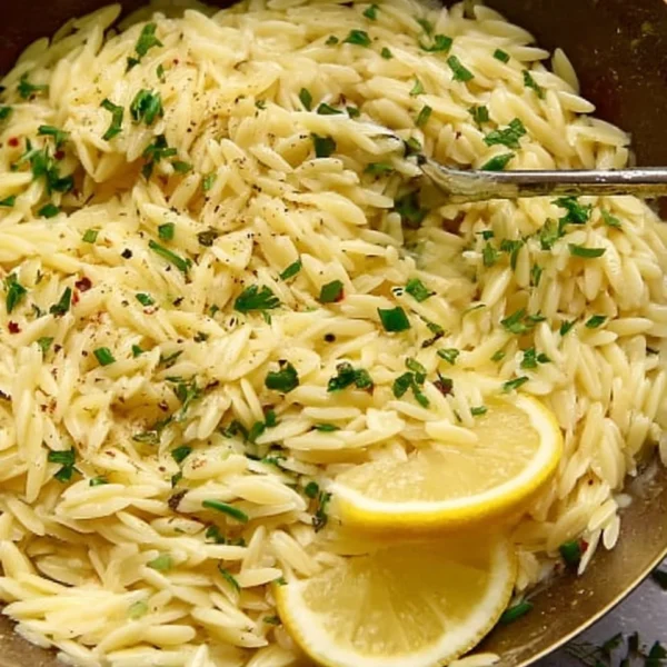 Delicious lemon orzo pasta served with fresh herbs and lemon slices.