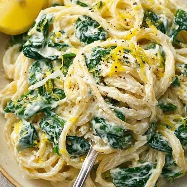 Lemon ricotta pasta with fresh spinach in a creamy sauce