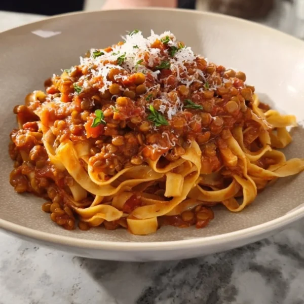 Bowl of flavorful Lentil Bolognese with herbs and spices