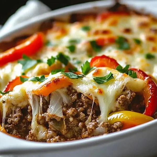 Low Carb Philly Cheesesteak Casserole served in a baking dish.