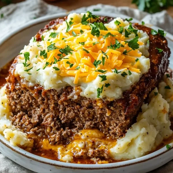 Homemade meatloaf served with mashed potatoes and cheese topping
