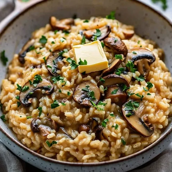 Delicious miso butter mushroom risotto served in a bowl with fresh herbs