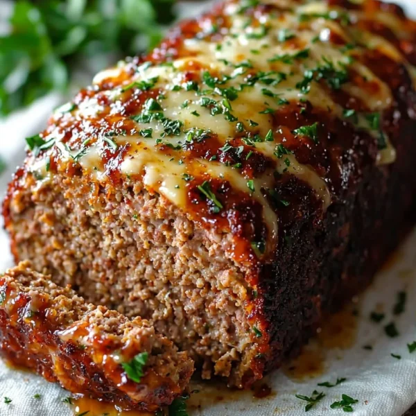 Delicious Garlic Parmesan Meatloaf ready to serve for dinner