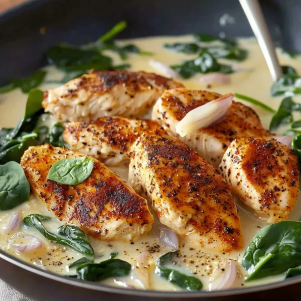 One Pan Blackened Chicken Alfredo dish with creamy sauce and spices
