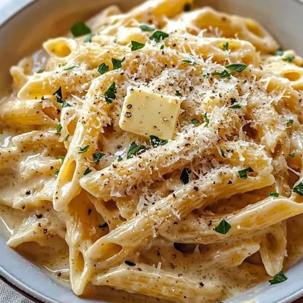 One Pot Creamy Garlic Pasta topped with herbs and parmesan cheese.