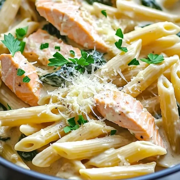 One Pot Creamy Salmon Pasta dish featuring salmon and creamy sauce
