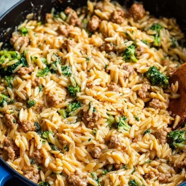 One-pot ground turkey orzo dish with fresh vegetables and herbs