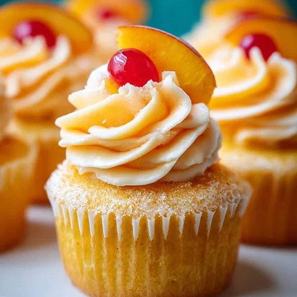 Peach Bellini Cupcakes topped with peach slices and champagne frosting.
