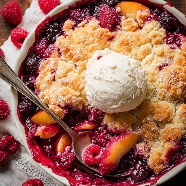 Delicious Peach Raspberry Cobbler fresh out of the oven