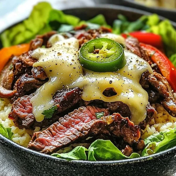Philly cheesesteak bowls topped with cheese and peppers in a serving dish