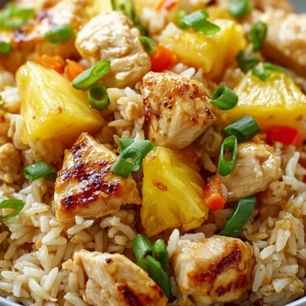Plate of pineapple chicken served with rice, garnished with green onions