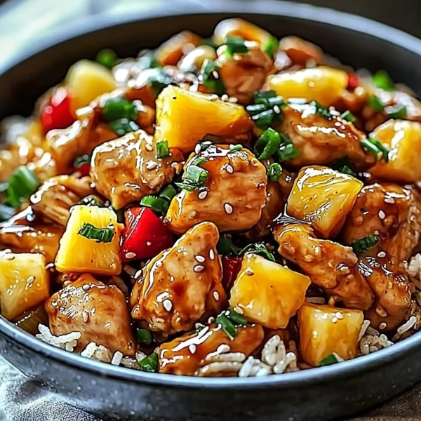 Delicious Pineapple Chicken served with rice, a sweet and savory dish.