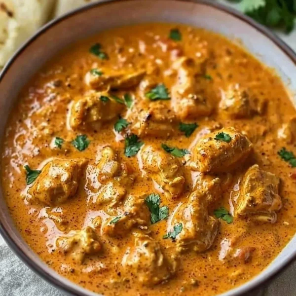 Delicious homemade butter chicken served with naan and rice