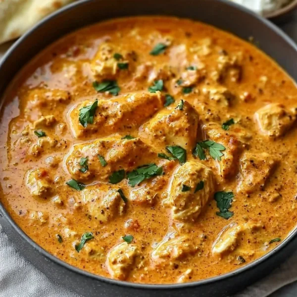 Delicious homemade butter chicken served with rice and garnished with cilantro.