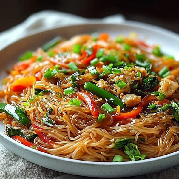 Colorful rice noodle stir-fry with vegetables and protein in a sizzling pan