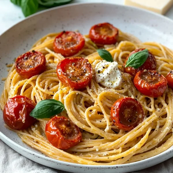 Bowl of roasted tomato and garlic ricotta pasta topped with fresh herbs