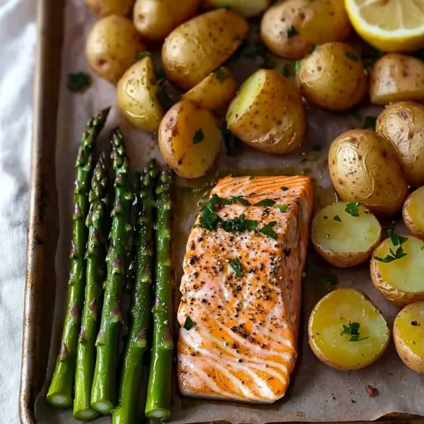 Salmon, potato, and asparagus sheet pan meal cooked and ready to serve