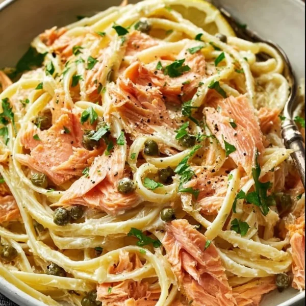 Delicious smoked salmon linguine served in a bowl with herbs.