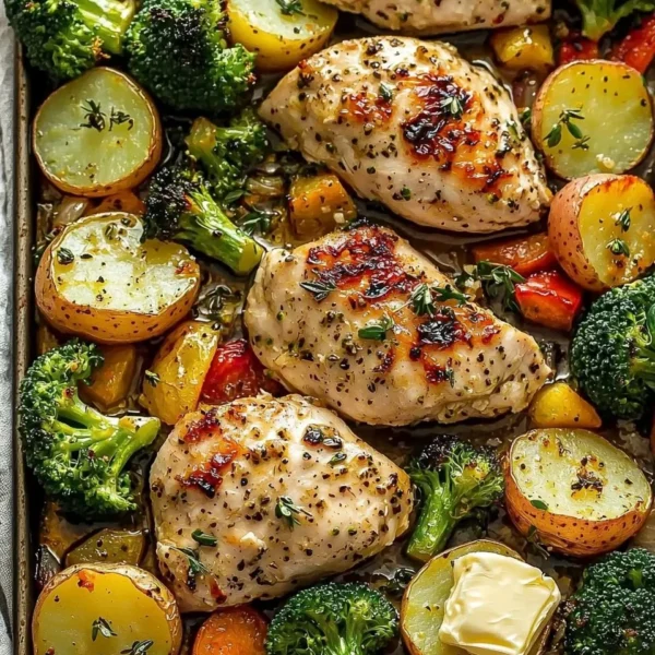 Sheet pan with garlic butter chicken and colorful veggies
