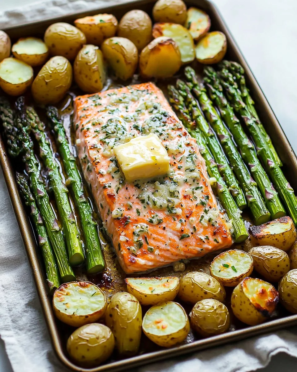 Sheet Pan Garlic Butter Salmon with Roasted Potatoes and Asparagus