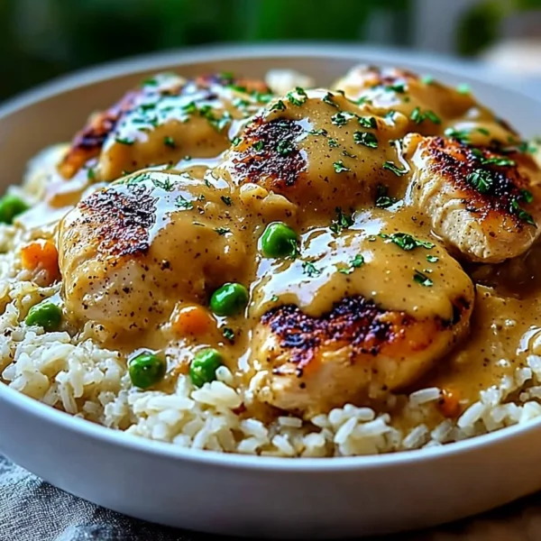 Delicious smothered chicken served over rice with a rich gravy