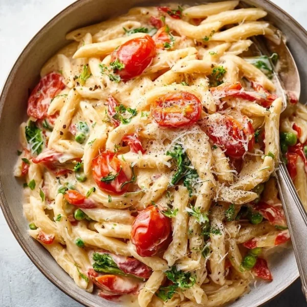 Colorful spring pasta dish with fresh vegetables and herbs.
